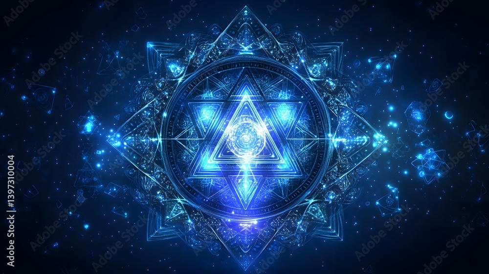 Poster intricate symmetrical glowing blue symbol floating in space