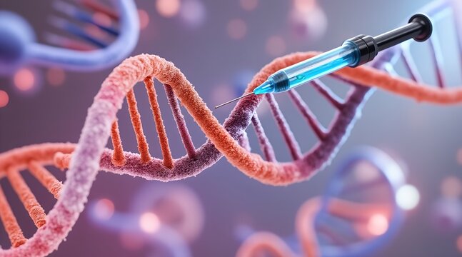 A microscopic view shows a sye injecting genetic material into a DNA strand illustrating gene therapy and the advancements in biotechnology for genetic medicine.
