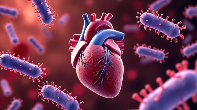 Microscopic 3D rende of a human heart severely infected by numerous bacteria illustrating the dangerous effects of bacterial endocarditis a serious heart condition.