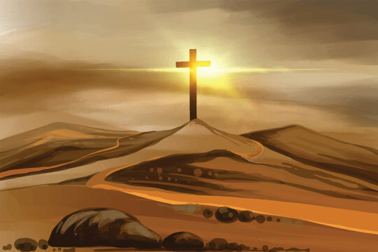 Beautiful parth Leading to Jesus Christ Cross on Hill Illuminated by sun rays