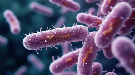 Fototapeta premium Microscopic view of Listeria monocytogenes bacteria, a common cause of foodborne illness, highlighting its rod-shaped morphology and surface structures crucial for pathogenesis and