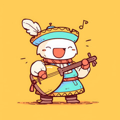 Cute cartoon character joyfully plays musical instrument