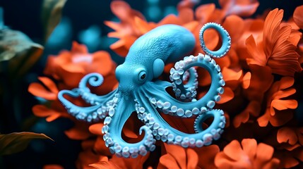 Fototapeta premium Vivid Blue Octopus Emerging Among Colorful Flowers in Artwork