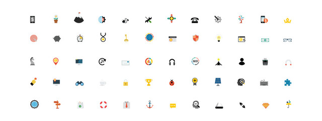 Modern Flat Business and Office Icons Set – SEO, Finance, Strategy, Marketing, Tools, Communication, Security & Growth Symbols