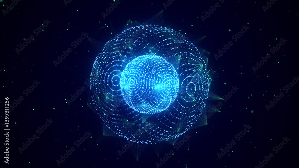 Poster Sci-fi sphere with particles and lines. Concept network connection. Frame sphere. Abstract technology background. 3d rendering.