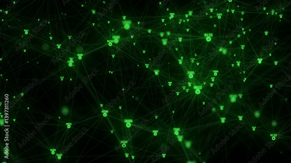 Poster futuristic backdrop. network connection structure cyberspace with moving particles and numbers. big 