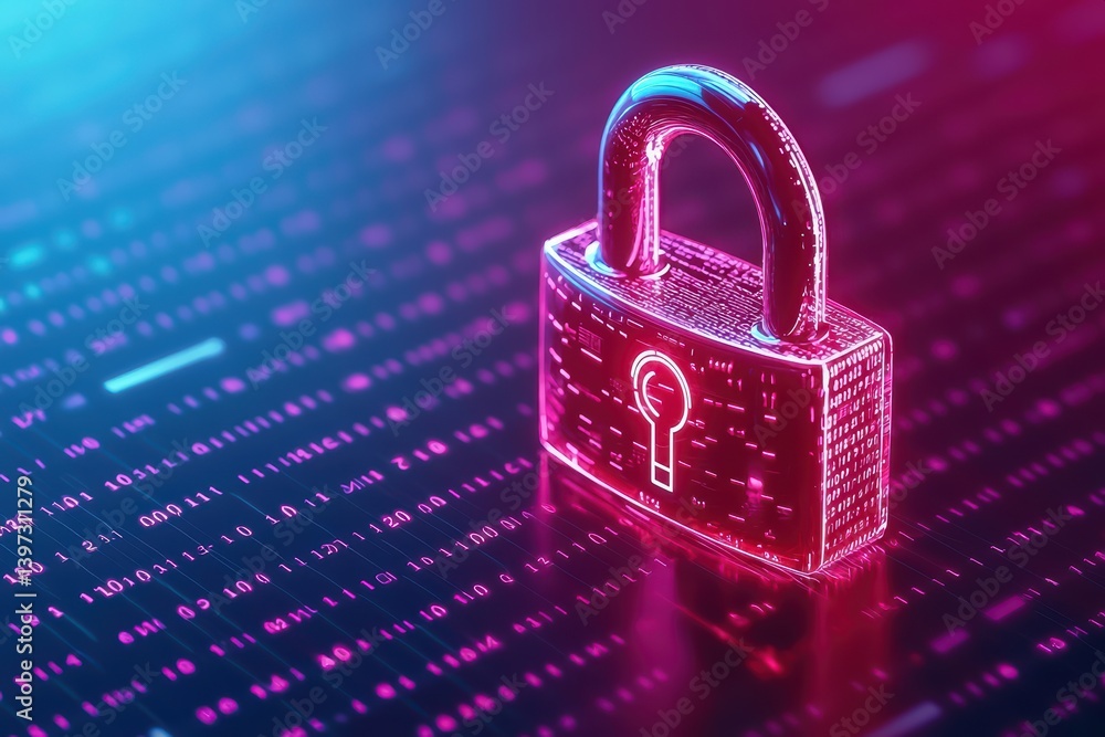 Poster digital lock on data background with neon effects