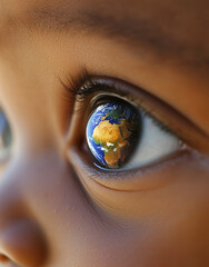 Eye of a black or Arab African baby boy or girl with Africa reflected in the iris, closeup view of the African continent and Europe at the top, toddler's eye with Earth planet globe, Africa's future