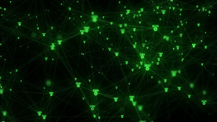 Fototapeta premium Futuristic backdrop. Network connection structure cyberspace with moving particles and numbers. Big data visualization. Abstract cyber security background in database. 3D rendering.