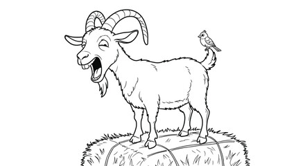 Laughing Goat Outline with Wide Open Mouth Standing Atop a Hay Bale Funny Farm Animal Character Sketch