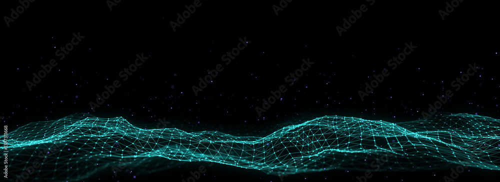 Poster Digital technology wave. Dark cyberspace with motion dots and lines. Futuristic digital background. Big data analytics. 3d rendering.