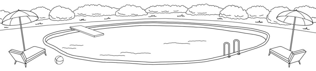 Swimming pool graphic black white landscape sketch long illustration vector 