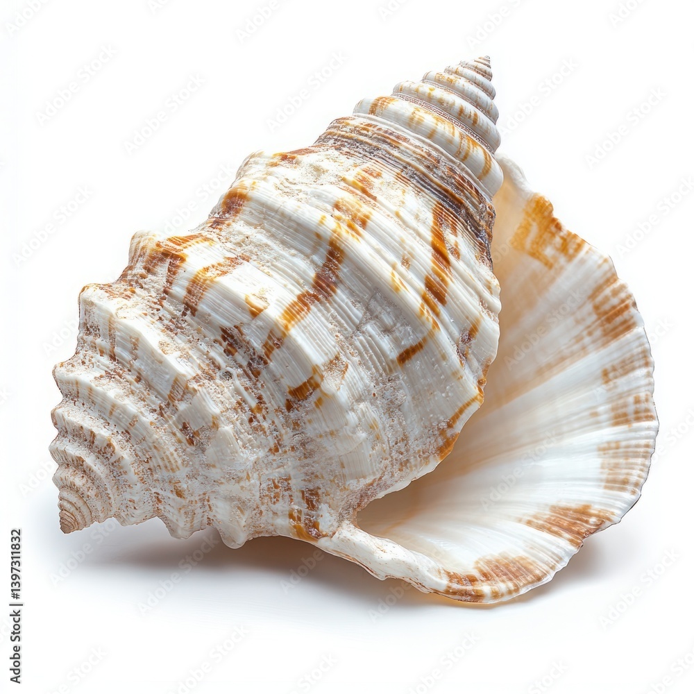 Poster close-up of a beautiful seashell with striking patterns and textures on a white background