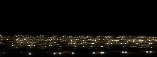 Technology perspective grid background. Digital space wireframe landscape. Dark cyberspace with motion dots and lines. Futuristic digital mesh background. Big data analytics. 3d rendering.