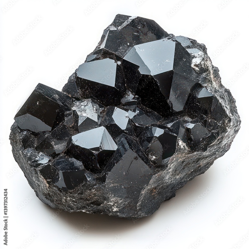 Poster natural black crystal cluster showcasing sharp angles and reflective surfaces against a plain backgr