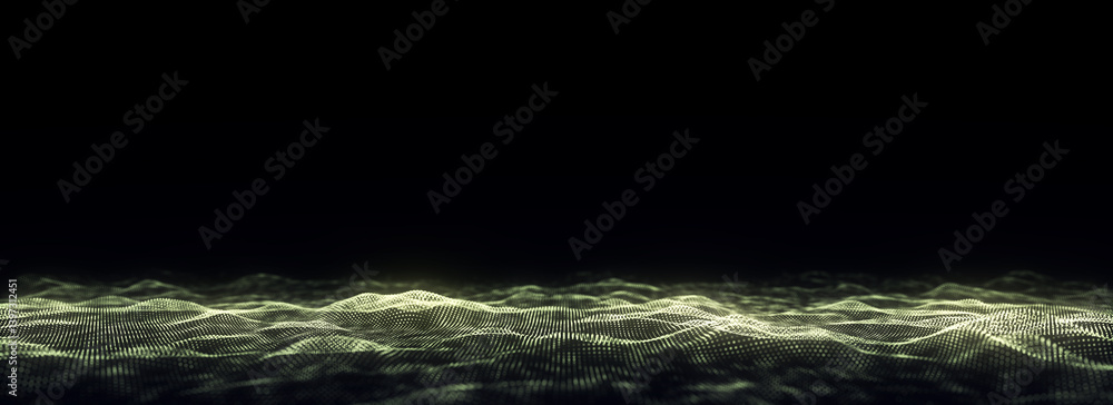 Poster digital technology wave. dark cyberspace with motion dots and lines. futuristic digital background. 