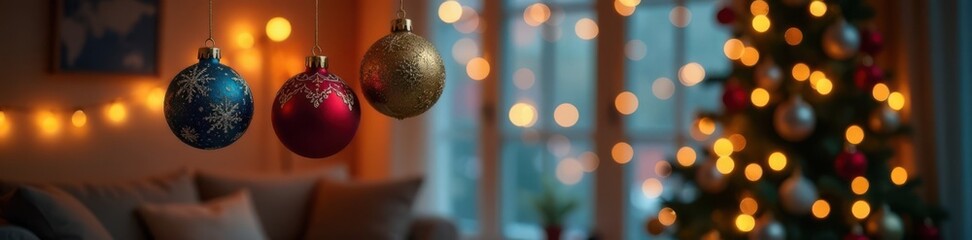 Hanging Christmas ornaments and New Year balloons in a cozy room, holiday decor, festive atmosphere