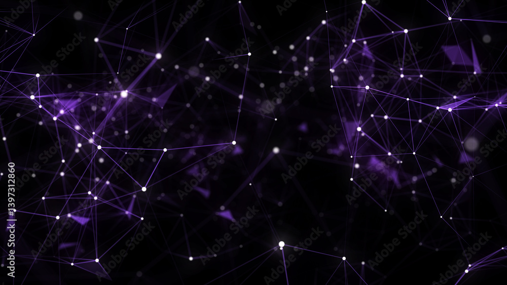 Poster Business futuristic backdrop. Network connection structure cyberspace with moving particles. Abstract cyber security background. 3D rendering.