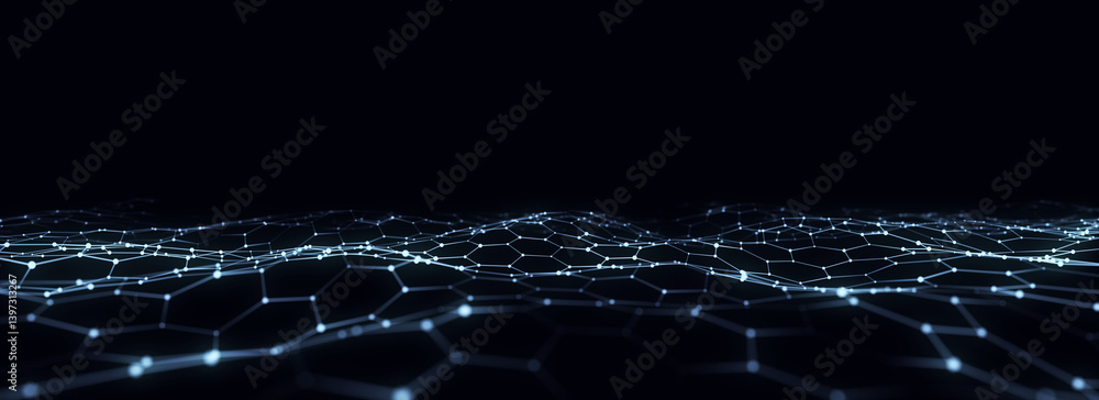 Poster digital technology wave. dark cyberspace with green motion dots and lines. futuristic digital backgr