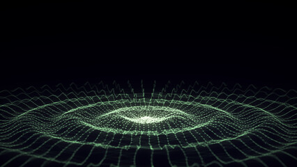 Abstract music sound wave. Dark cyberspace with moving particles. Futuristic circle wave with digital database. Big data analytics. 3d rendering.