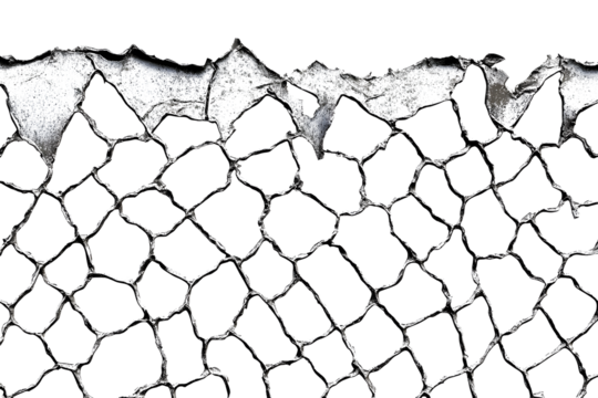 The texture of the metal mesh. Torn, destroyed, broken metal mesh on a white background