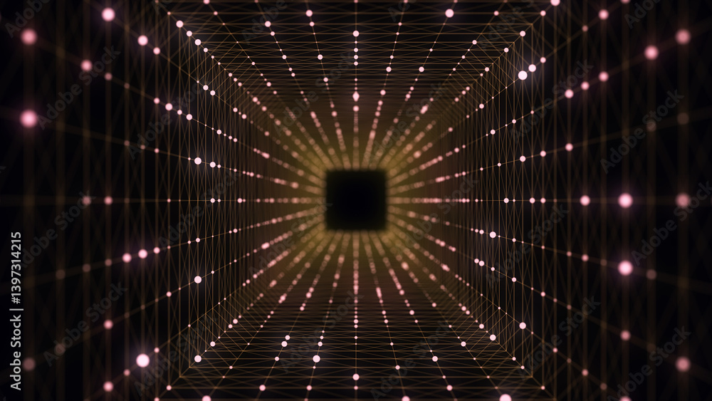 Poster abstract sci-fi tunnel. wormhole absorbs cyberspace. 3d portal. futuristic fantasy high-tech funnel.