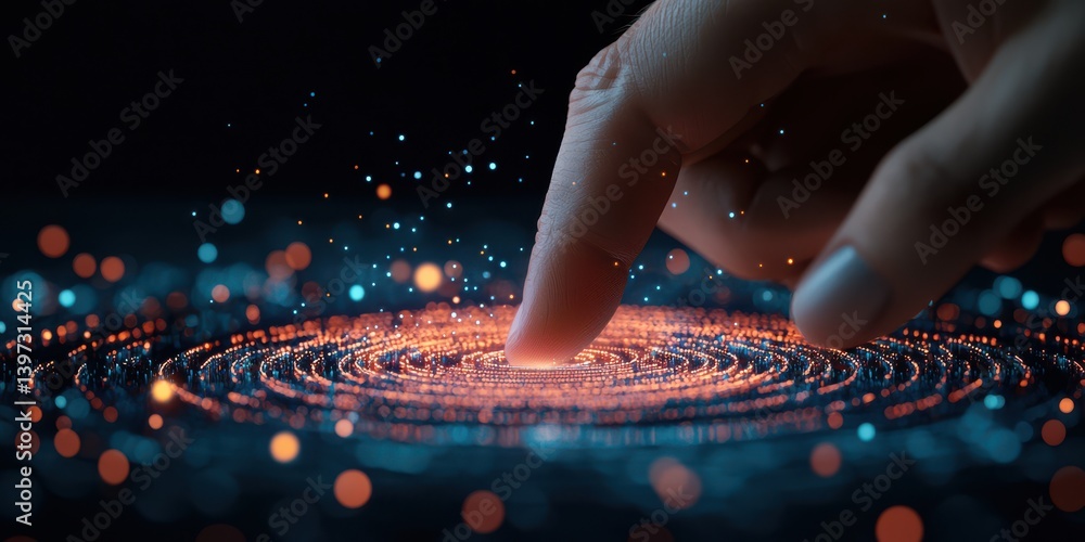 Poster finger touches illuminated data stream: futuristic interface concept, high-tech connection. digital 