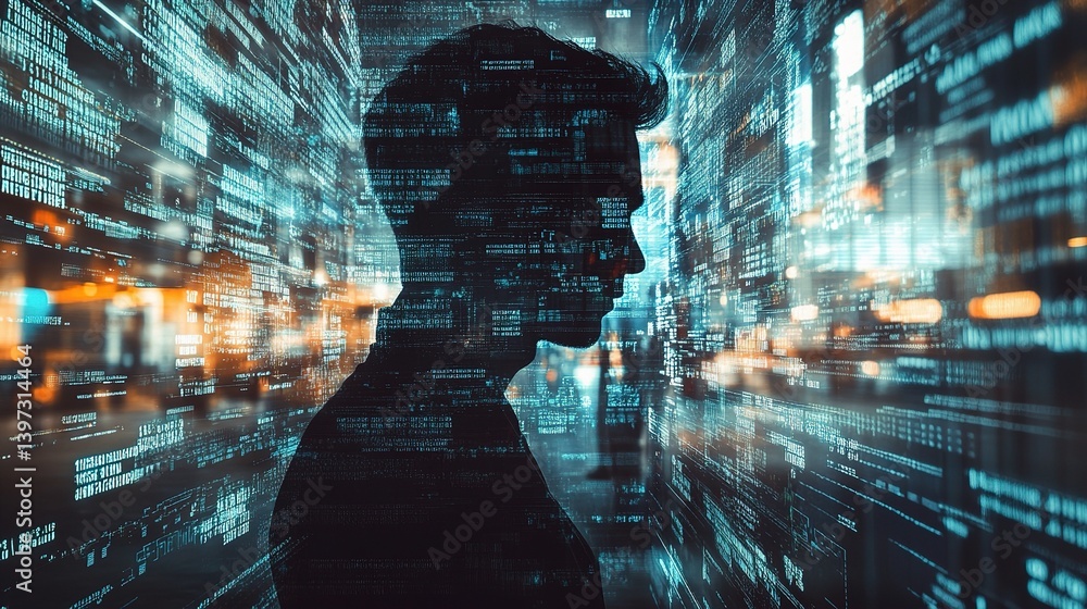 Aufkleber double exposure of trading and analytical data visualization