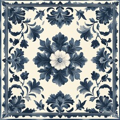 Fototapeta premium Elegant floral ceramic tile pattern in blue tones.