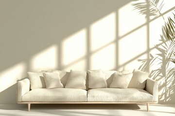 Cozy Cream Colored Couch with Soft Pillows and Sunlight Shadow on the Wall. Peaceful Home Interior.