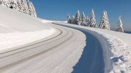 Obraz premium Serene Winter Landscape with Curving Snow-Covered Road and Pine Trees Under Clear Blue Sky in Mountain Region, Perfect for Seasonal Travel or Nature Photography