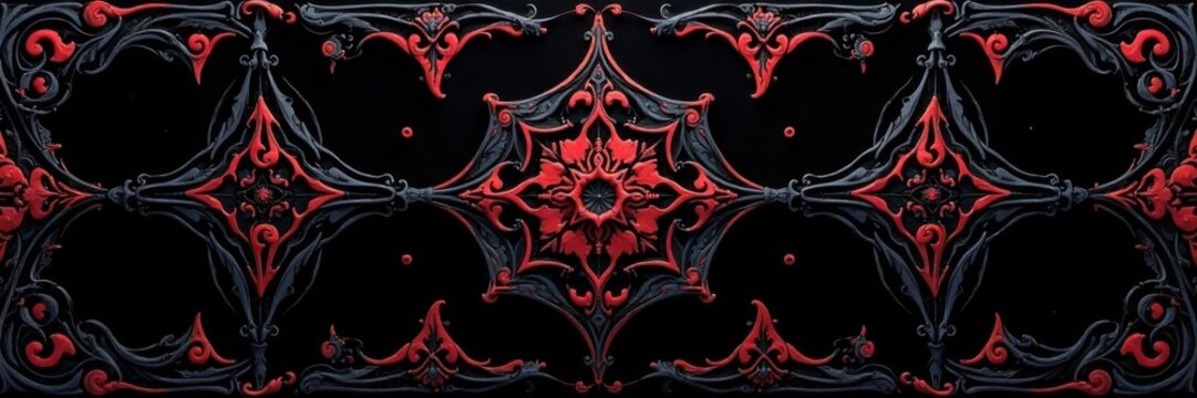 Gothic-inspired pattern of interlocking shapes and curves in black ink on a dark background , mysterious, black, patterns
