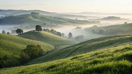 Obraz premium Serene rolling hills shrouded in morning mist under a soft sky.