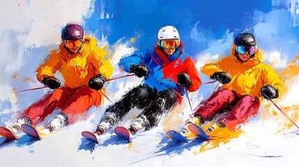 Alpine Skiers Thrilling Descent with Snowy Peaks.