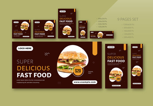 Fast Food Banner Ads Set Modern Burger Promo Design For Restaurants and Food Delivery