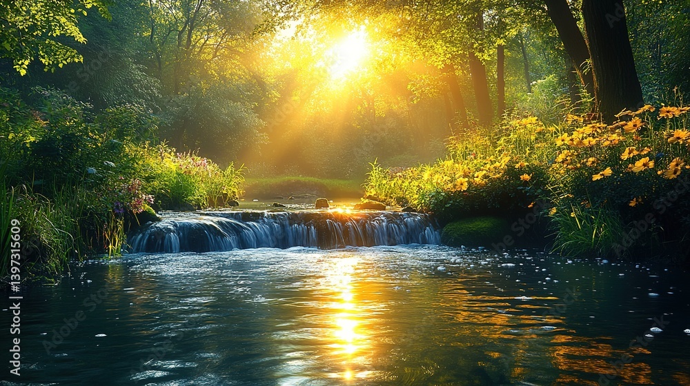 Poster sunlight filters through forest canopy illuminating gentle stream cascades