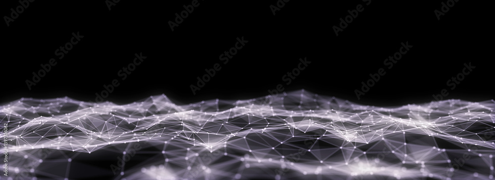 Poster digital technology wave. dark cyberspace with motion dots and lines. futuristic digital background. 