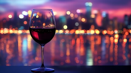 romantic city skyline at dusk with glass of red wine reflecting lights on water symbolizing relaxation nightlife vibe and peaceful evening mood