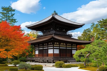 Obraz premium Serene zen temple surrounded by vibrant autumn foliage