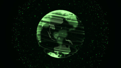 Virtual planet Earth with data connection network. Technological digital globe world background. Abstract sphere with particles and lines. Security artificial intelligence of planet. 3D rendering.