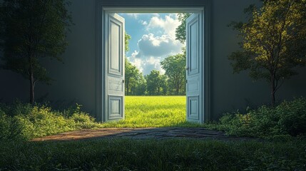 Open door to green field, trees, sunny sky. Serene escape
