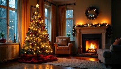 Glowing Christmas tree in a warm and inviting living room setting with scattered holly leaves and festive decorations, glowing Christmas tree, warm ambiance