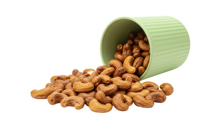 Isolated Cashews spilling from Green Cup