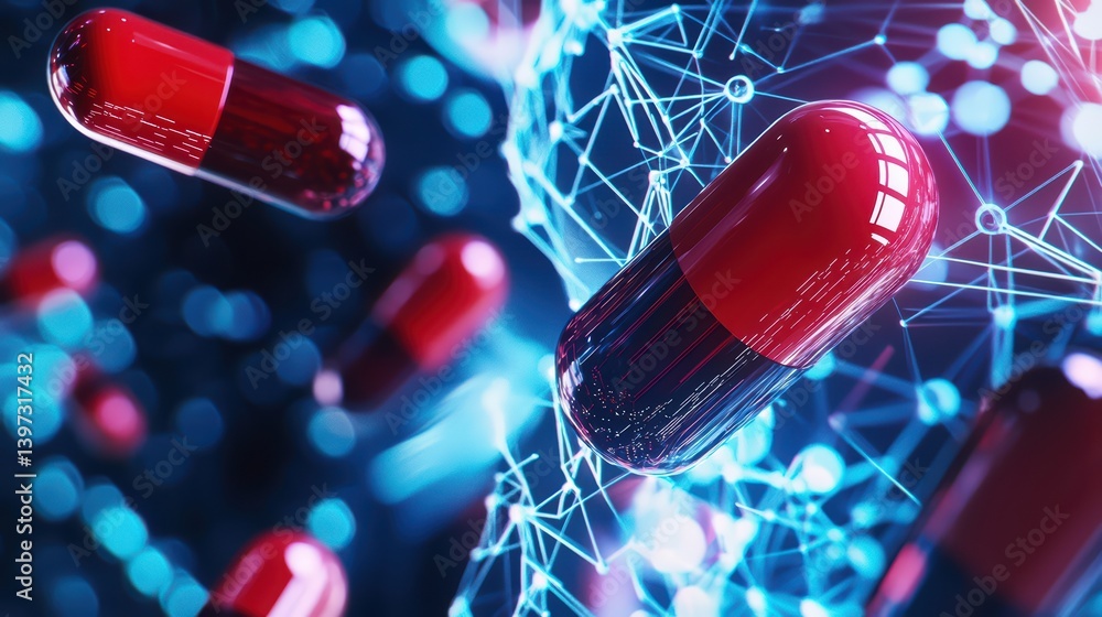 Poster red capsules floating on digital network background