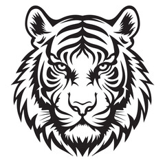 Black and white tiger head silhouette flat design isolated on white background