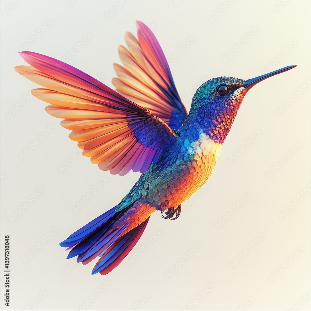 Poster vibrant hummingbird with colorful feathers in flight captured against a soft background