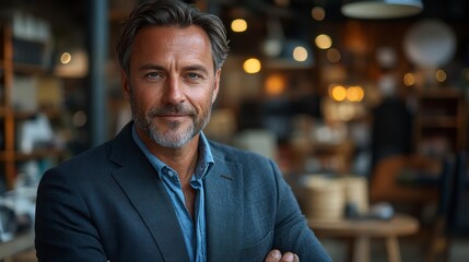 Fototapeta premium Confident man smiles in relaxed cafe, wearing a blazer and blue shirt, arms crossed