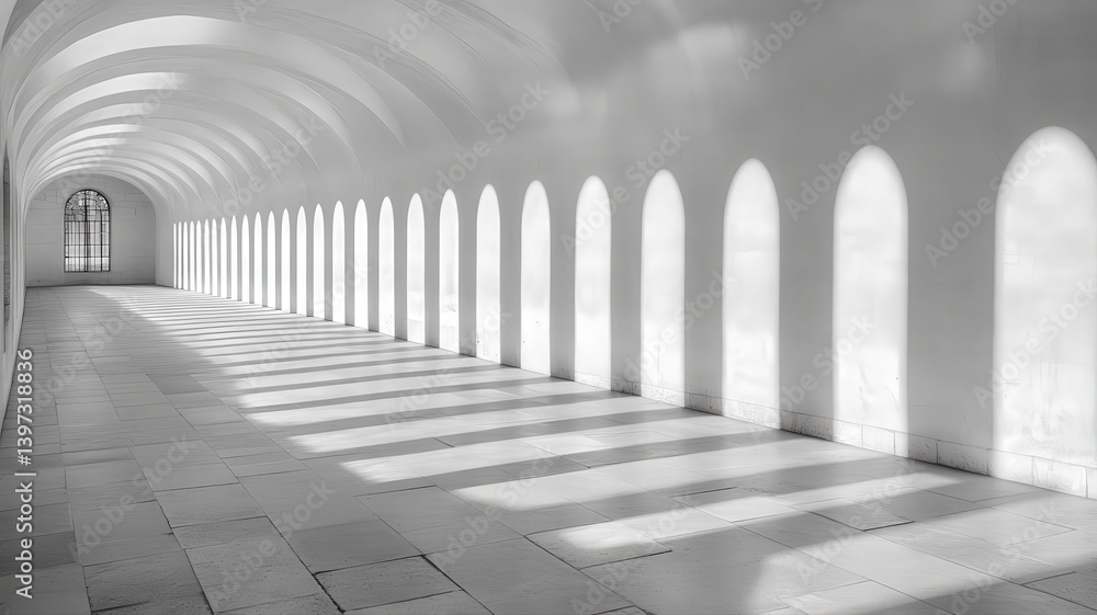 Aufkleber sunlit hallway with arched windows and shadow patterns
