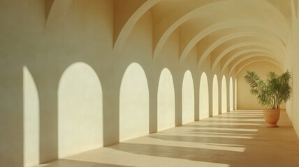 Sunlit Hallway with Arched Walls and Terracotta Pot Plant