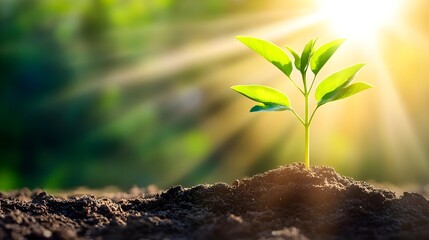 Fresh Seedling Growing in Soil Under Beautiful Sunrise Light